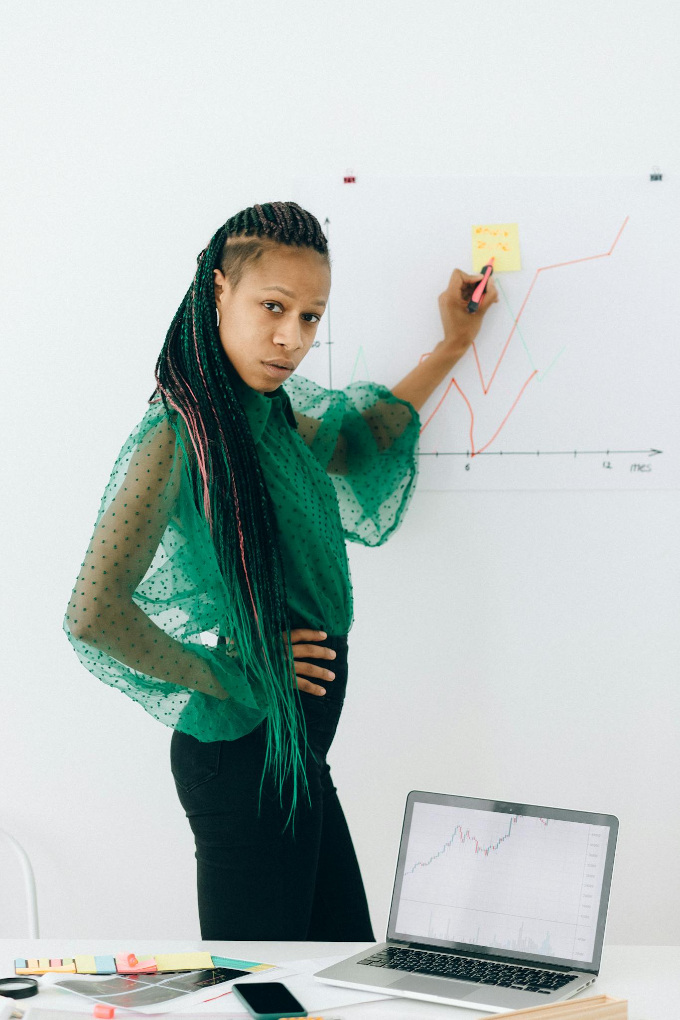 African American woman in office reviewing financial data on a graph for business strategy.